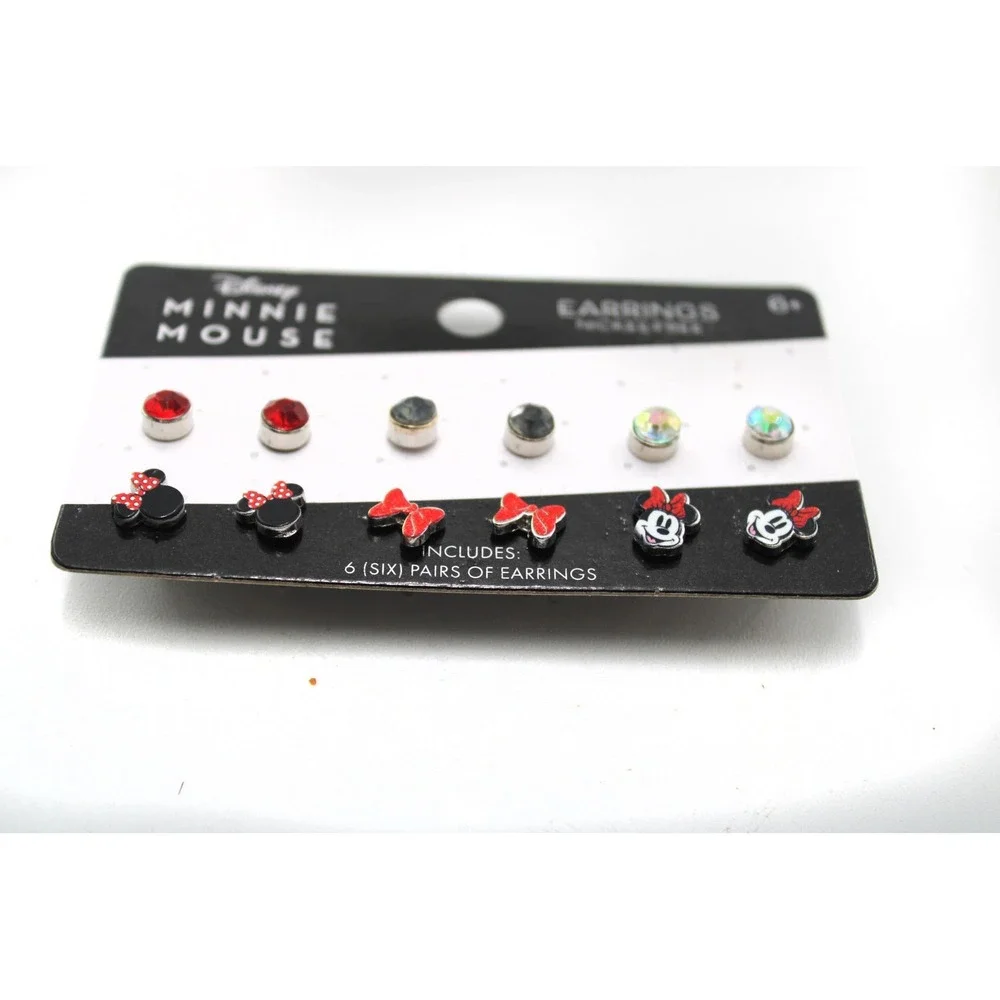 Disney Minnie Mouse 6 Pair Stud Earring Set Nickel Free Rhinestone Bows MM3368